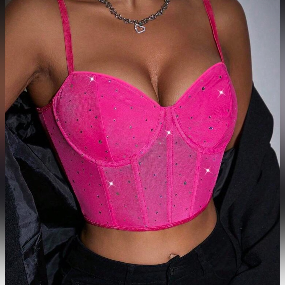 SHEIN Pink Mesh Bralette with Glitter Accents